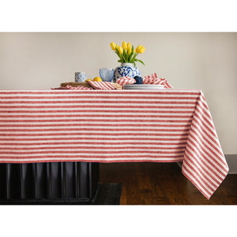 Red & White | Amalfi Stripe Red & White Linen Tablecloth Displayed Flat For Product View
