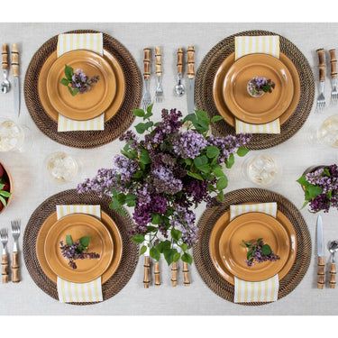Primrose Yellow & White | Amalfi Stripe Elegant Dinner Table Featuring Primrose Yellow & White Linen Napkins And Tableware