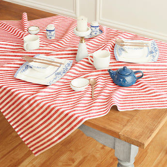 Red & White | Amalfi Stripe Red & White Linen Table Throw Displayed Flat Table For Product View