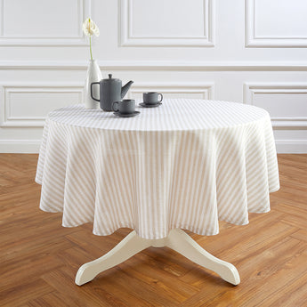 Natural & White | Amalfi Stripe Natural & White Round Linen Tablecloth Displayed Round Table For Product View