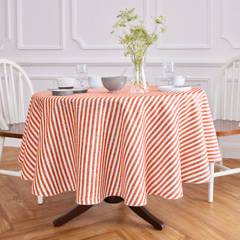 Red & White | Amalfi Stripe Red & White Round Linen Tablecloth Displayed Round Table For Product View