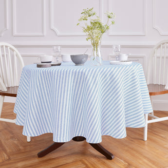 Sky Blue & White | Amalfi Stripe Sky Blue & White Round Linen Tablecloth Displayed Round Table For Product View