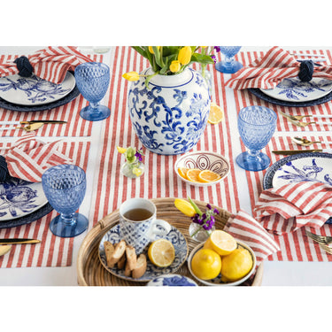 Red & White | Solino Home Amalfi Stripe Red & White Linen Table Runner Styled On A Modern Dining Table