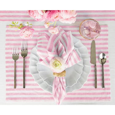 Cherry Blossom & White | Amalfi Stripe Cherry Blossom & White Linen Dinner Napkins Styled On An Elegant Dining Table