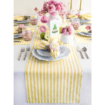 Primrose Yellow & White | Solino Home Amalfi Stripe Primrose Yellow & White Linen Table Runner Displayed Flat For Product View