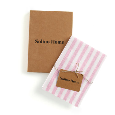 Cherry Blossom & White | Solino Home Amalfi Stripe Cherry Blossom & White Linen Kitchen Towels Packaging