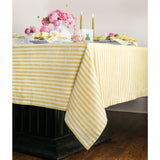Primrose Yellow & White | Amalfi Stripe Primrose Yellow & White Tablecloth Textured Linen Tablecloth Styled With Dinnerware And Candles