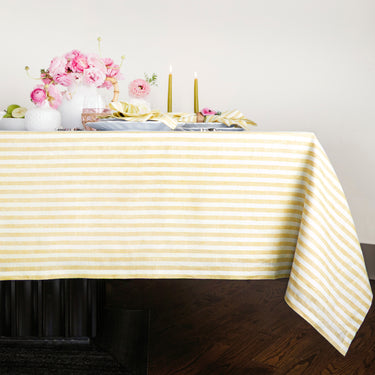 Primrose Yellow & White | Amalfi Stripe Primrose Yellow & White Linen Tablecloth Displayed Flat For Product View