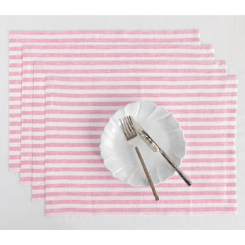 Cherry Blossom & White | Amalfi Stripe Cherry Blossom & White Linen Placemats Displayed Flat For Product View