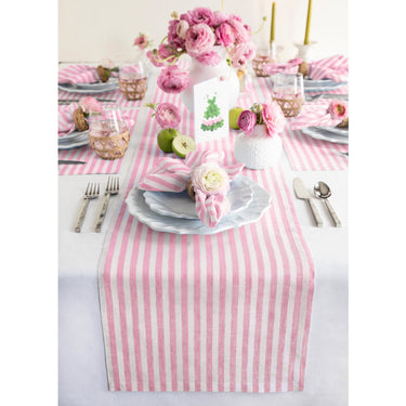 Cherry Blossom & White | Solino Home Amalfi Stripe Cherry Blossom & White Linen Table Runner Displayed Flat For Product View
