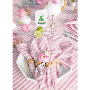 Cherry Blossom & White | Amalfi Stripe Cherry Blossom & White Linen Dinner Napkins Arranged For Dining Décor
