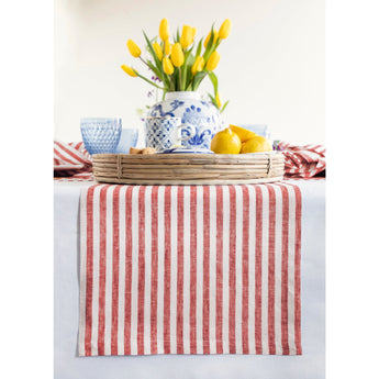Red & White | Solino Home Amalfi Stripe Red & White Linen Table Runner Displayed Flat For Product View