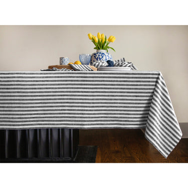Black & White | Amalfi Stripe Black & White Linen Tablecloth Displayed Flat For Product View