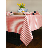 Red & White | Amalfi Stripe Red & White Tablecloth Textured Linen Tablecloth Styled With Dinnerware And Candles