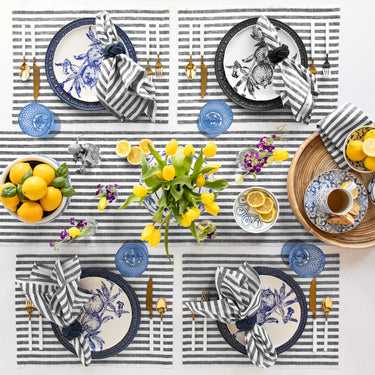 Black & White | Amalfi Stripe Elegant Dinner Table Featuring Black & White Linen Napkins And Tableware