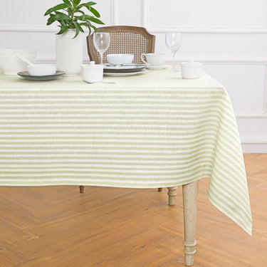 Sage & White | Amalfi Stripe Sage & White Linen Tablecloth Displayed Flat For Product View