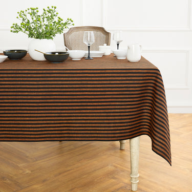 Pumpkin & Black | Amalfi Stripe Pumpkin & Black Linen Tablecloth Displayed Flat For Product View