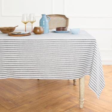 Grey & White | Amalfi Stripe Grey & White Linen Tablecloth Displayed Flat For Product View