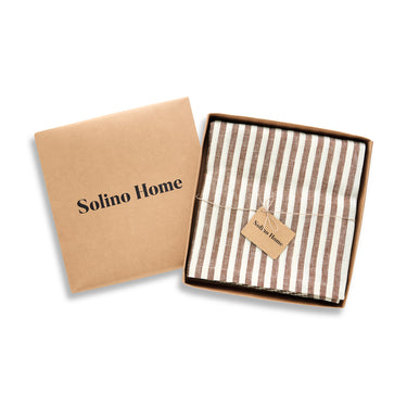 Brown & Cream | Solino Home Amalfi Stripe Brown & Cream Tablecloth Linen Tablecloth In Branded Packaging
