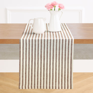 Brown & Cream | Solino Home Amalfi Stripe Brown & Cream Linen Table Runner Displayed Flat For Product View