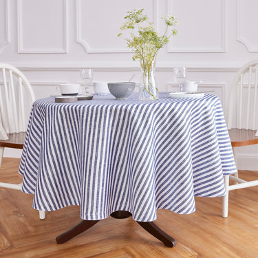Navy & White | Amalfi Stripe Navy & White Round Linen Tablecloth Displayed Round Table For Product View