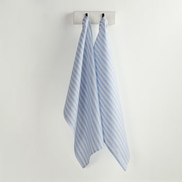 Sky Blue & White | Amalfi Stripe Sky Blue & White Linen Kitchen Towels Hanging In Kitchen