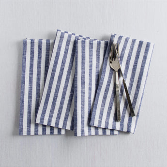 Navy & White | Amalfi Stripe Navy & White Linen Dinner Napkins Folded For Product Display