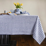 Navy & White | Amalfi Stripe Navy & White Linen Tablecloth Displayed Flat For Product View