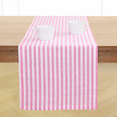 Pink & White | Solino Home Amalfi Stripe Pink & White Linen Table Runner Displayed Flat For Product View