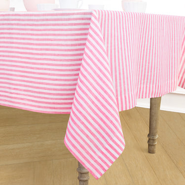 Pink & White | Amalfi Stripe Pink & White Tablecloth Neutral Linen Tablecloth With Farmhouse Table Décor