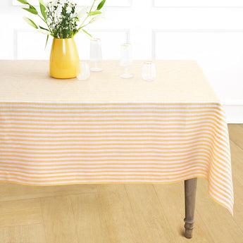 Mustard & White | Amalfi Stripe Mustard & White Linen Tablecloth Displayed Flat For Product View