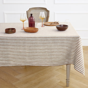 Brown & Cream | Amalfi Stripe Brown & Cream Linen Tablecloth Displayed Flat For Product View