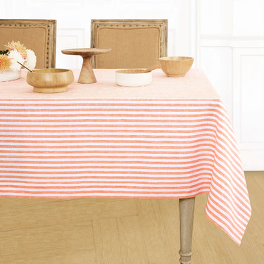 Orange & White | Amalfi Stripe Orange & White Linen Tablecloth Displayed Flat For Product View