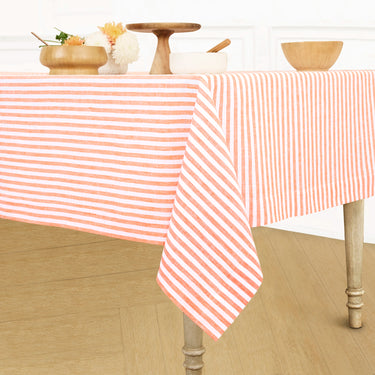 Orange & White | Amalfi Stripe Orange & White Tablecloth Elegant Dining Setup Featuring A Soft Linen Tablecloth