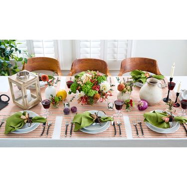 Pumpkin & Natural | Amalfi Stripe Elegant Dinner Table Featuring Pumpkin & Natural Linen Napkins And Tableware