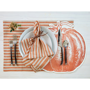 Pumpkin & Natural | Amalfi Stripe Pumpkin & Natural Linen Dinner Napkins Styled On An Elegant Dining Table