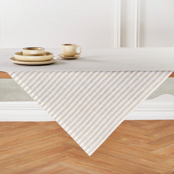 Natural & White | Amalfi Stripe Natural & White Linen Table Throw Displayed Flat Table For Product View