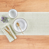 Sage & White | Solino Home Amalfi Stripe Sage & White Soft Woven Table Runner Layered With Dinnerware And Candles
