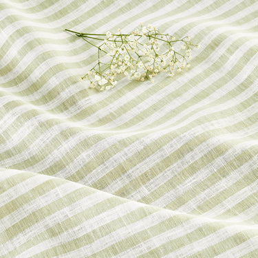 Sage & White | Amalfi Stripe Sage & White Tablecloth Linen Tablecloth Styled On A Modern Dining Table