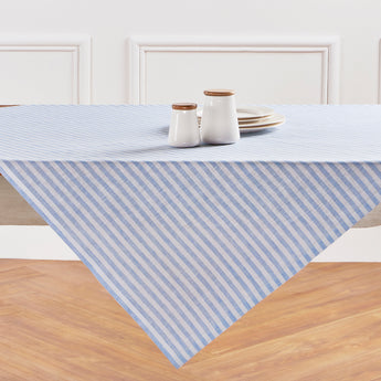 Sky Blue & White | Amalfi Stripe Sky Blue & White Linen Table Throw Displayed Flat Table For Product View