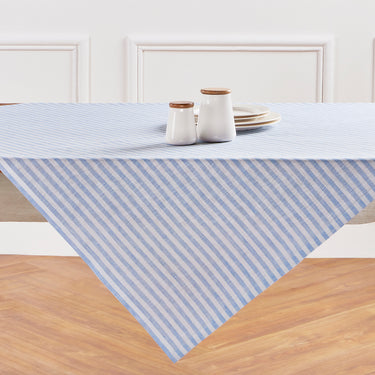 Sky Blue & White | Amalfi Stripe Sky Blue & White Linen Table Throw Displayed Flat Table For Product View