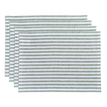 Green & White | Amalfi Stripe Green & White Linen Placemats Displayed Flat For Product View