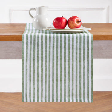 Green & White | Solino Home Amalfi Stripe Green & White Linen Table Runner Displayed Flat For Product View