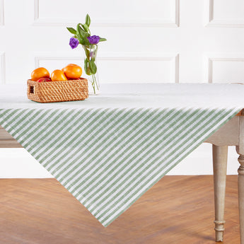 Green & White | Amalfi Stripe Green & White Linen Table Throw Displayed Flat Table For Product View