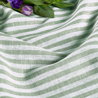 Green & White | Solino Home Amalfi Stripe Green & White Soft Woven Table Runner Layered With Dinnerware And Candles