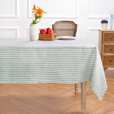 Green & White | Amalfi Stripe Green & White Linen Tablecloth Displayed Flat For Product View
