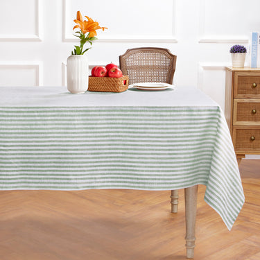 Green & White | Amalfi Stripe Green & White Linen Tablecloth Displayed Flat For Product View