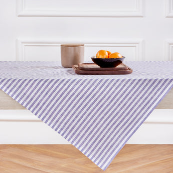 Violet & White | Amalfi Stripe Violet & White Linen Table Throw Displayed Flat Table For Product View