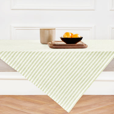 Sage & White | Amalfi Stripe Sage & White Linen Table Throw Displayed Flat Table For Product View