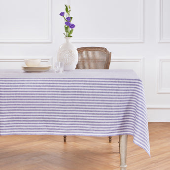 Violet & White | Amalfi Stripe Violet & White Linen Tablecloth Displayed Flat For Product View